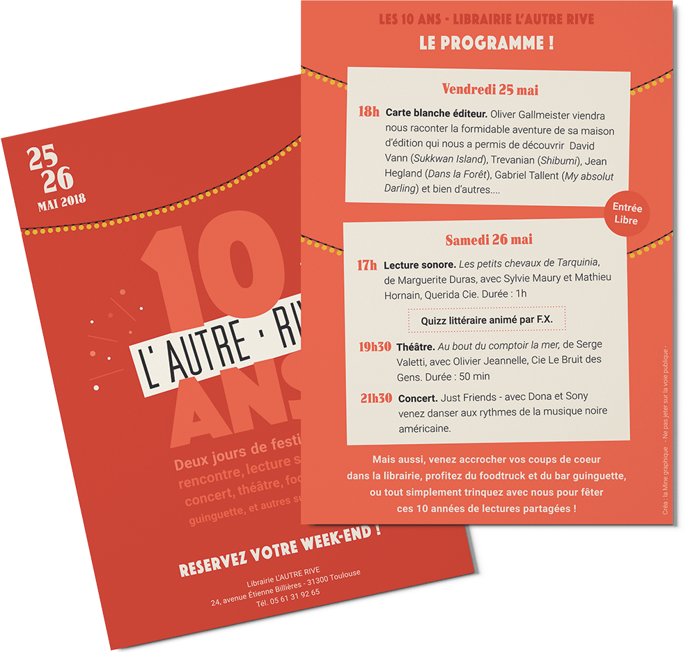 flyer des 10 ans de la librairie l'autre rive